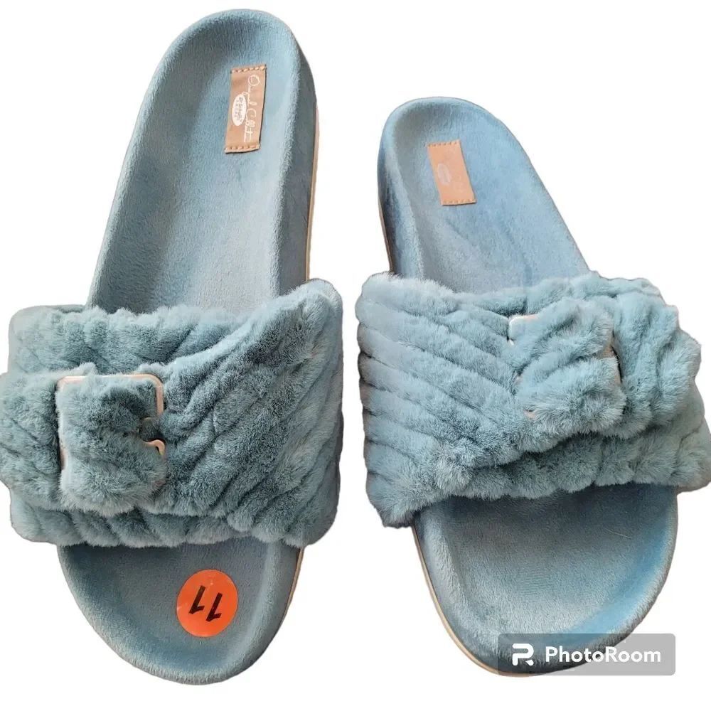 DR. SCHOLLS Slippers Women 11 M Faux Fur Buckle Slide Teal NEW